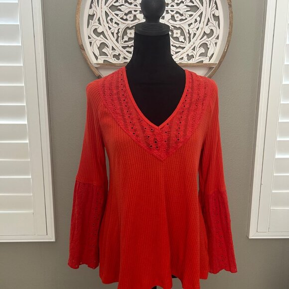 Free People Shirt Parisian Nights Blouse Bell Sleeve Top Vermillion SZ Small - Picture 1 of 7